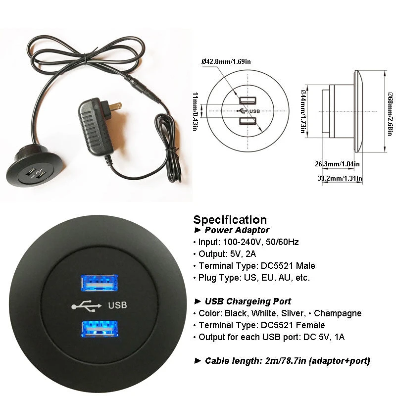 DIY Mounted Furniture USB Charging Port 5V 2A Dual USB With Power Adapter 6 DIY Mounted Furniture USB Charging Port 5V 2A Dual USB With Power Adapter - Image 4